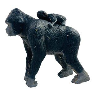 Vintage Hand-Painted Gorilla Figurine With Baby On Back Rubber Toy